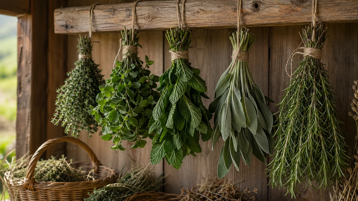 Mănunchiuri de ierburi aromatice (cimbru, oregano, mentă) atârnate cu sfoară de o grindă de lemn în cămară luminoasă
