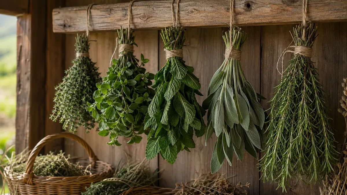 Mănunchiuri de ierburi aromatice (cimbru, oregano, mentă) atârnate cu sfoară de o grindă de lemn în cămară luminoasă