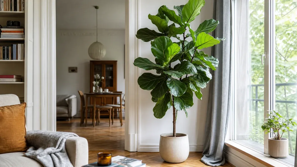 Ficus lyrata înalt, cu frunze mari în formă de vioară, într-un ghiveci alb lângă o fereastră luminoasă cu perdea gri, într-un living