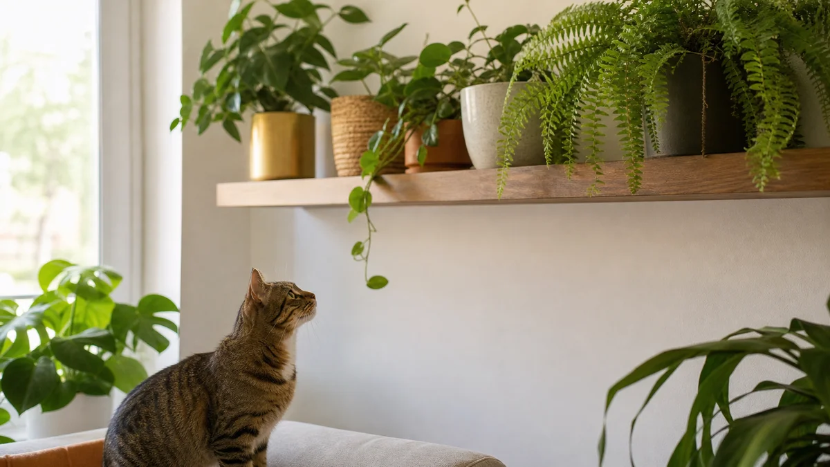 Pisică tigrată așezată pe canapea, privind în sus spre plantele de interior de pe un raft înalt, la care nu ajunge