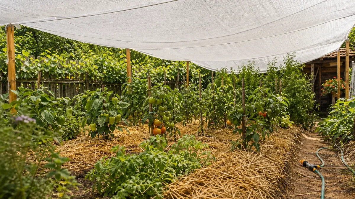 Grădină protejată cu plasă de umbrire albă peste straturi de legume și mulci de paie